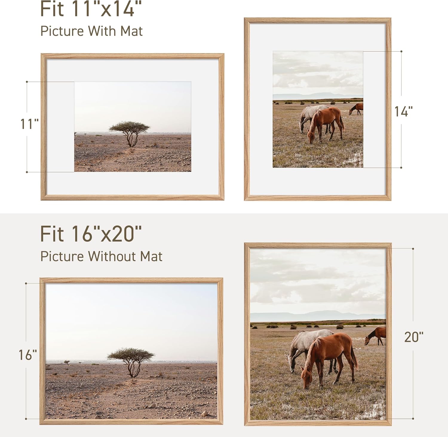 16x20 Picture Frame Set of 4 Natural Solid Oak Photo Frames with 11x14 Removable Mat Wall Hanging