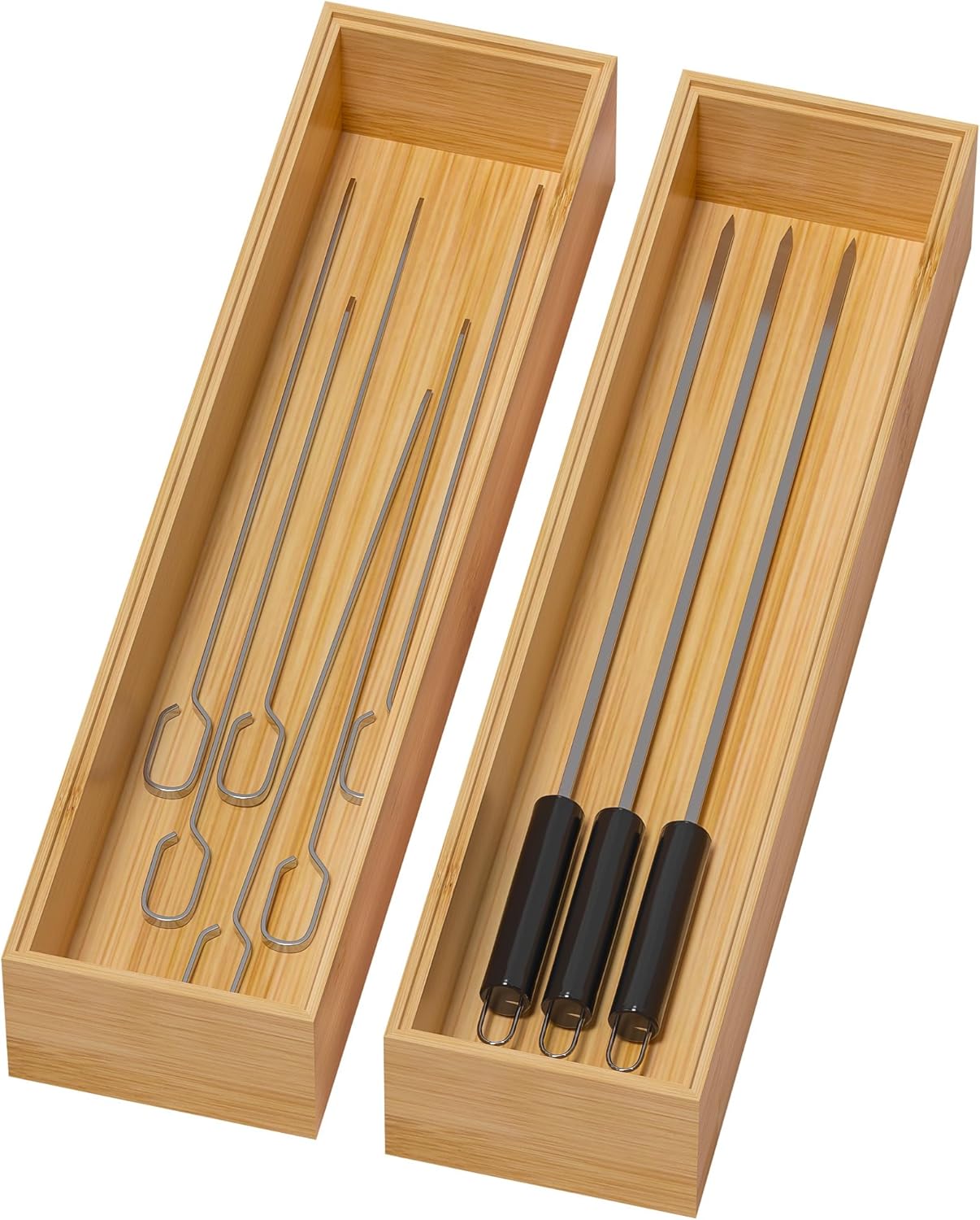 Bamboo Drawer Organizer, Narrow Stackable Cutlery Tray for Kitchen, 2 Pcs Silverware & Utensil Box