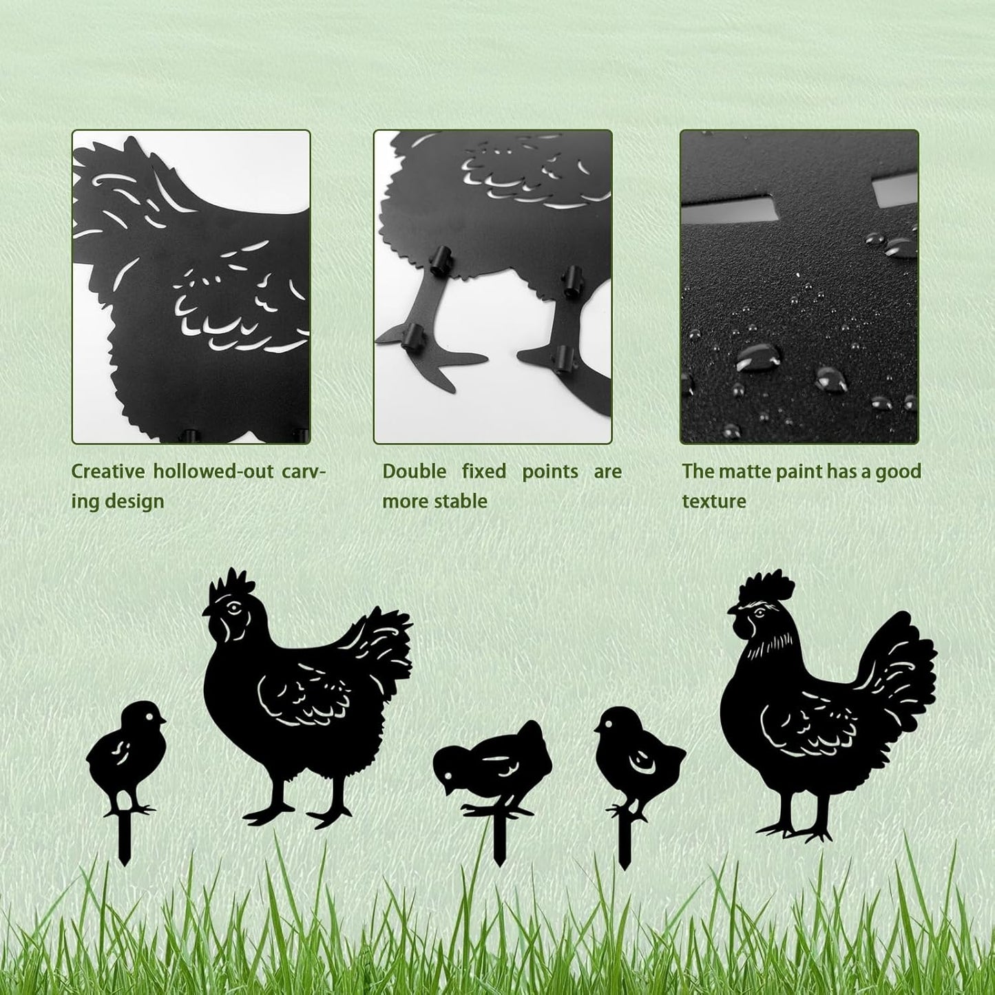 5 Pack Chicken Metal Garden Decorative Stakes, Weather Proof Silhouette Statues for Yard