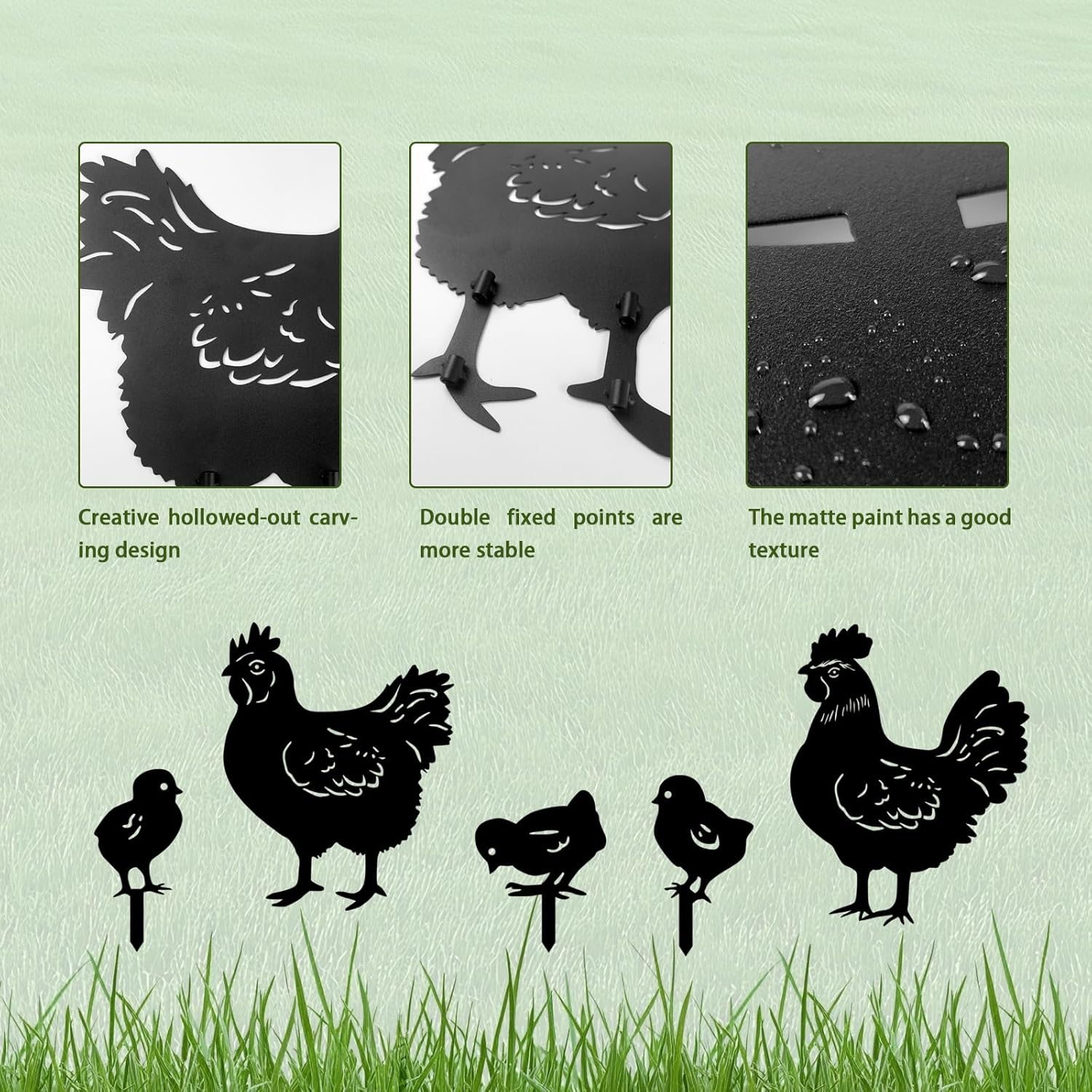 5 Pack Chicken Metal Garden Decorative Stakes, Weather Proof Silhouette Statues for Yard