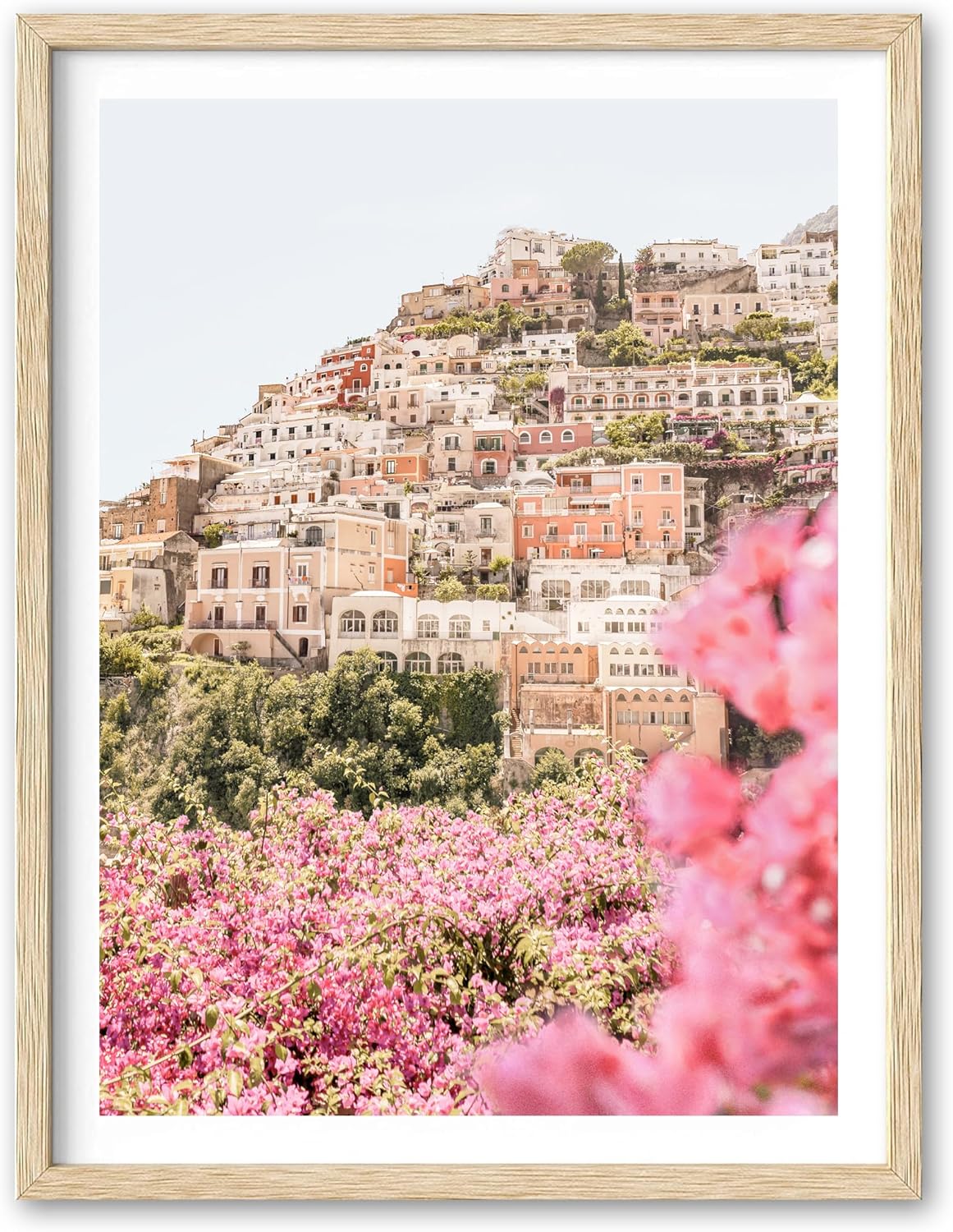 HesenDot Natural OAK Wood Amalfi Coast Framed Wall Art,12x16in Italy Beach Canvas Wall Print, Pink