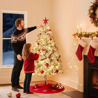 GarveeHome 6ft Prelit Artificial Christmas Tree with Warm White Lights, Snow Flocked Full Xmas Tree
