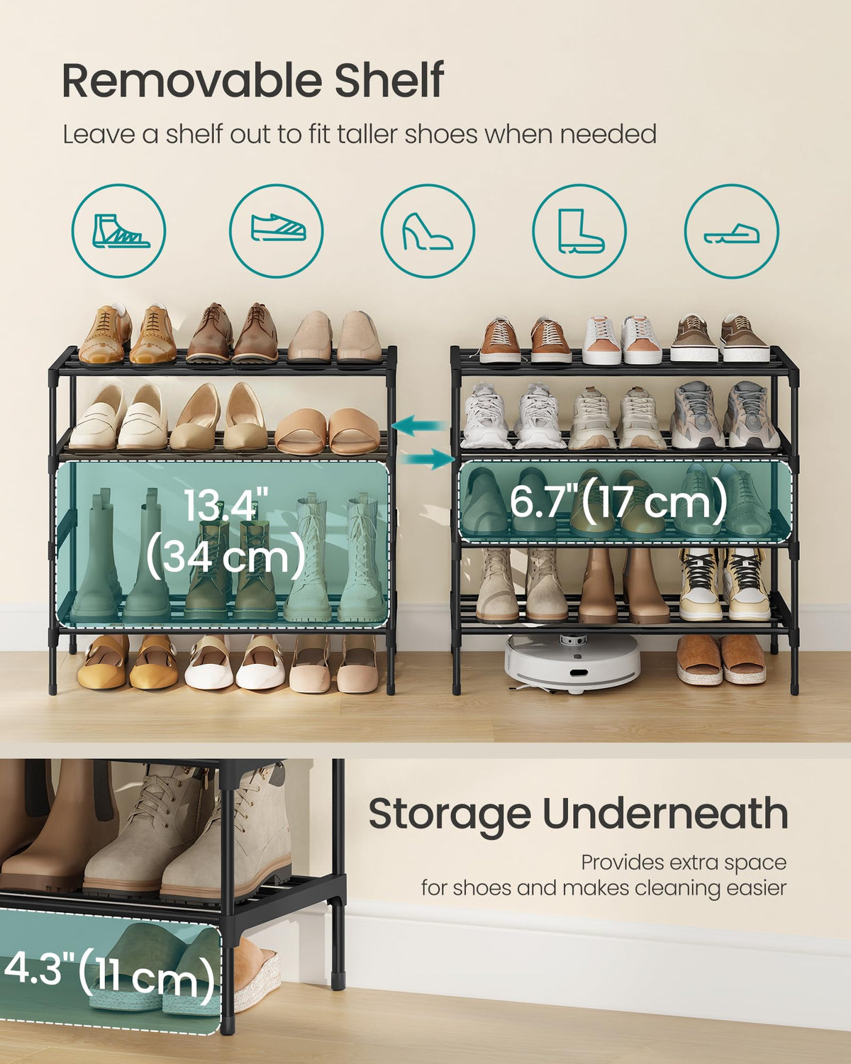 SONGMICS 4-Tier Shoe Rack, Stackable Compact Metal Shoe Storage Organizer