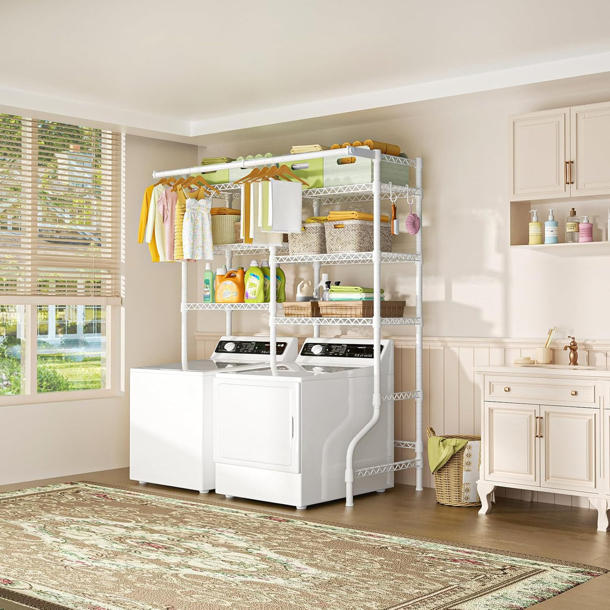 Ulif U13 Over Washer and Dryer Storage Shelves, 6 Tiers Laundry Room Standing Shelf with 2 Hanger