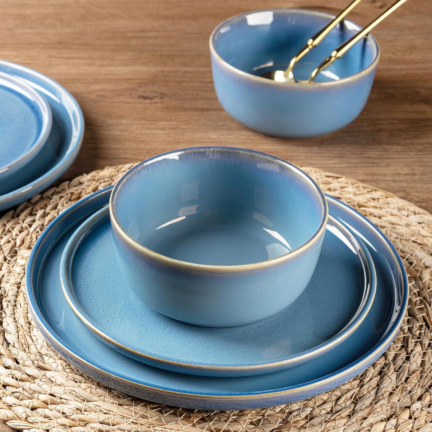 GBHOME Ceramic Dinnerware Sets for 4, 12 Pieces Stoneware Plates and Bowls Sets, Reactive Glaze