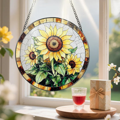 Sunflower Stained Glass Suncatcher, Stained Glass Window Hanging, 8 Inch Sunflower Suncatcher