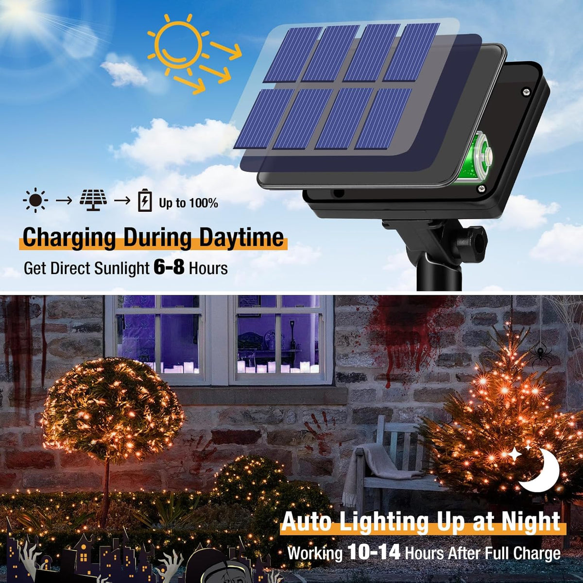 4 Pack Solar Halloween String Lights Outdoor - 320LED 132FT Orange Solar Fairy Lights Outside