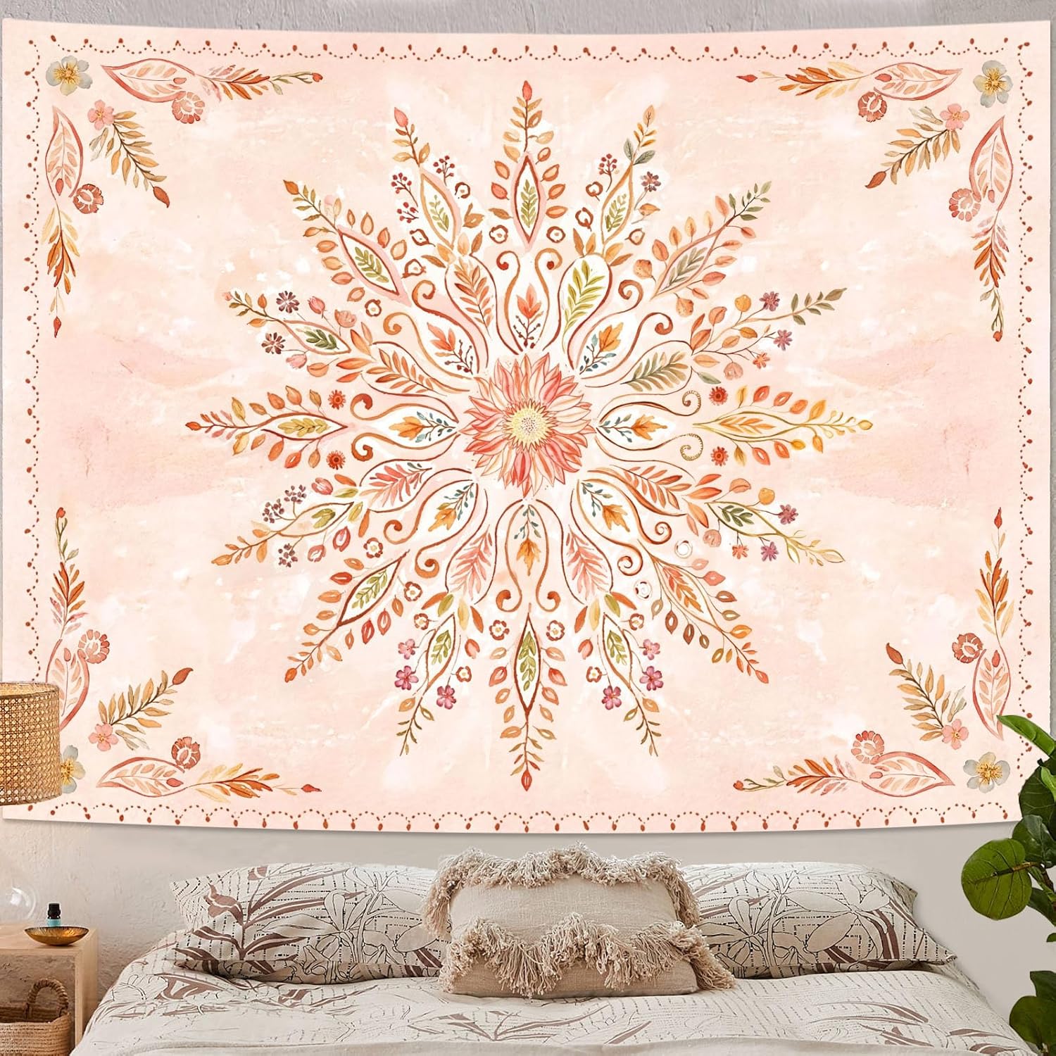 Lunerfex Floral Mandala Tapestry Boho Tapestry for Bedroom Orange Tapestries Wall Hanging Living
