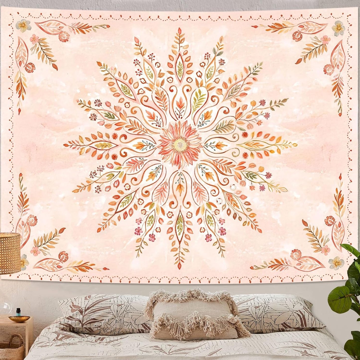 Lunerfex Floral Mandala Tapestry Boho Tapestry for Bedroom Orange Tapestries Wall Hanging Living
