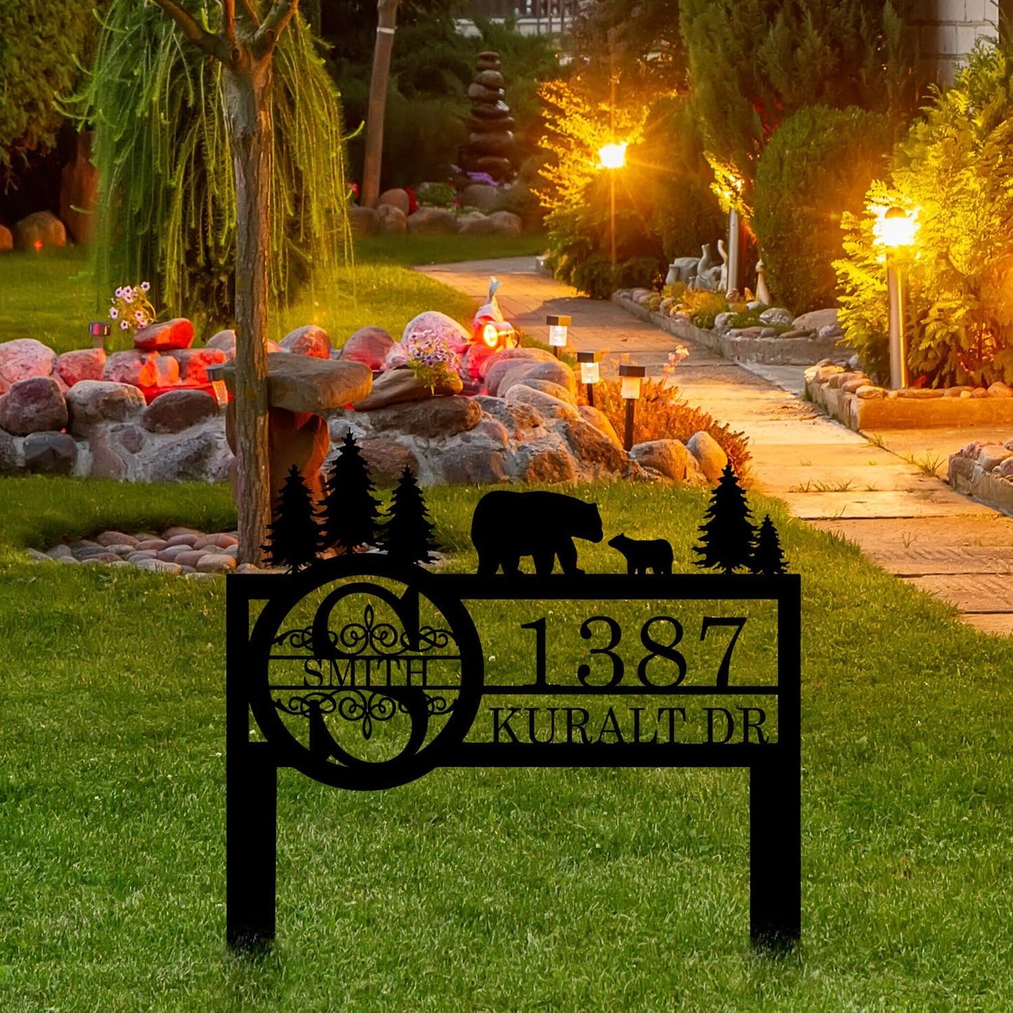 Personalized Custom Bear Wildlife Decor with Metal Stake - Address House Number Name Sign for