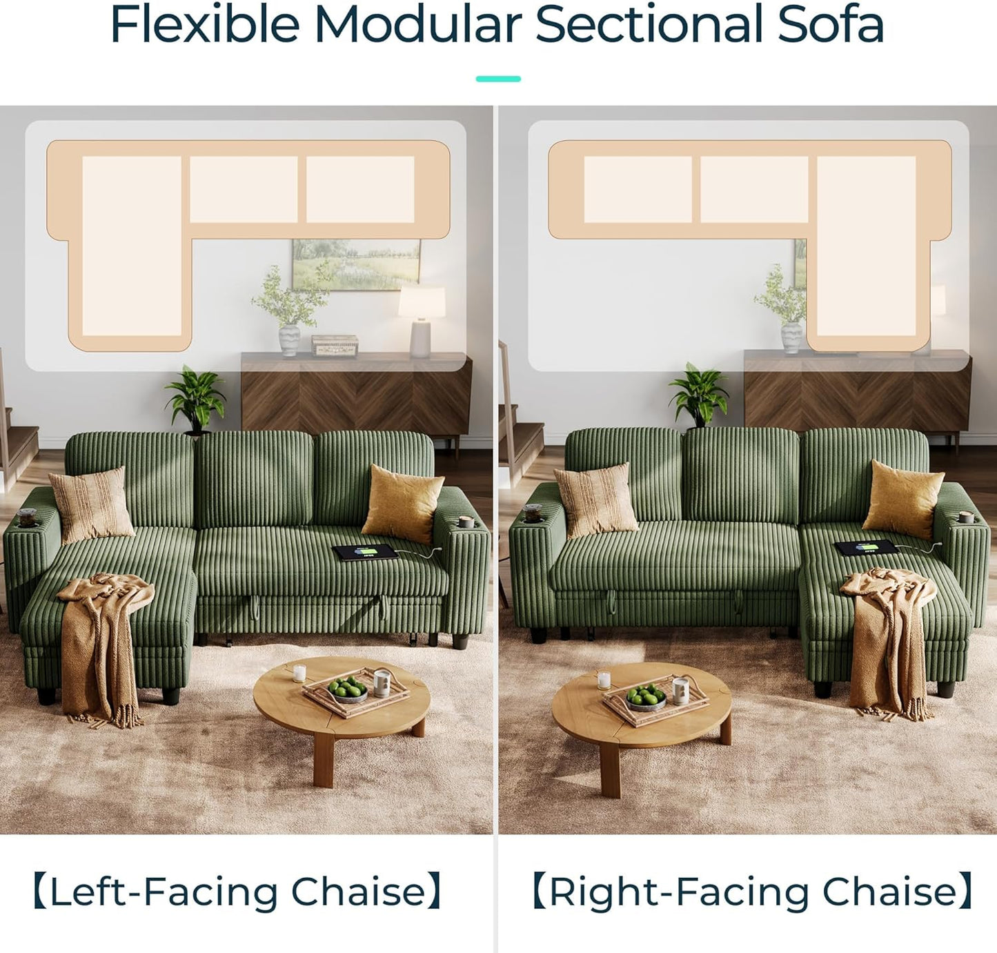 LINSY HOME Sectional Sleeper Sofa with Pull Out Couch Bed Convertible Plush Corduroy Cloud Couch