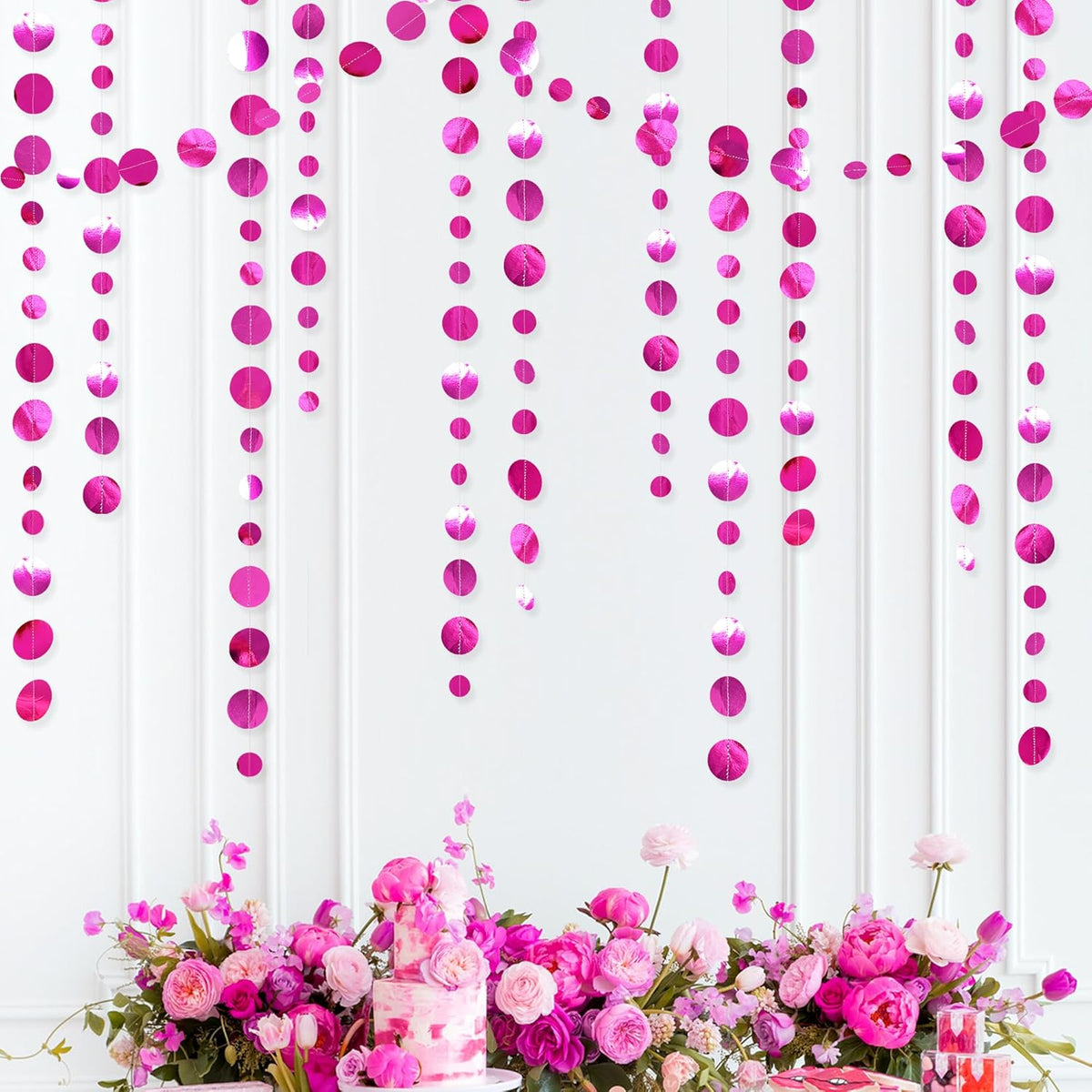 Hot Pink Party Decorations Circle Dots Garland Metallic Rose Pink Hanging Paper Polka Dots Streamer