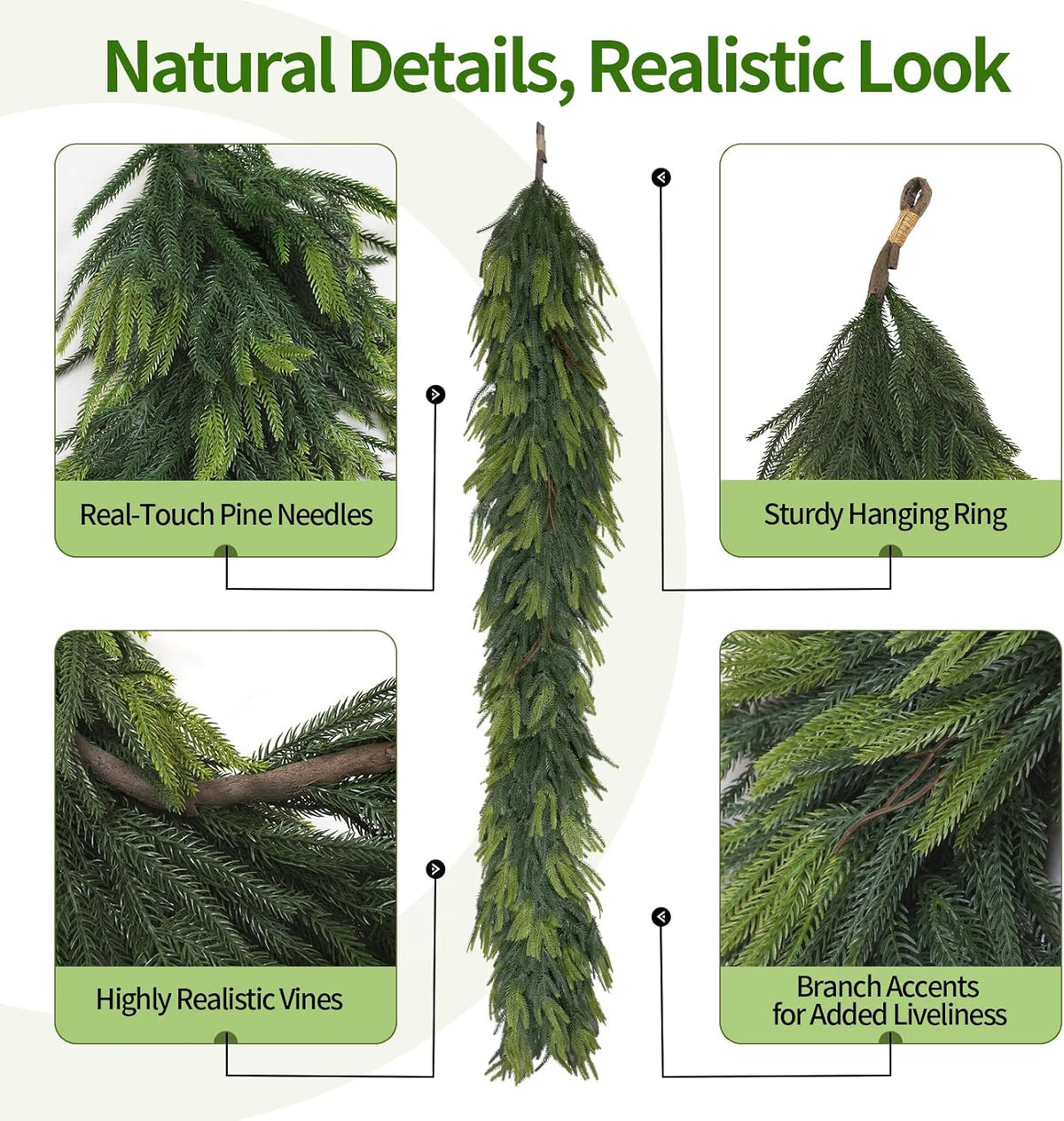 6FT Artificial Norfolk Pine Garland 2 Pack – Dense Green Christmas Garland, Real Touch Holiday