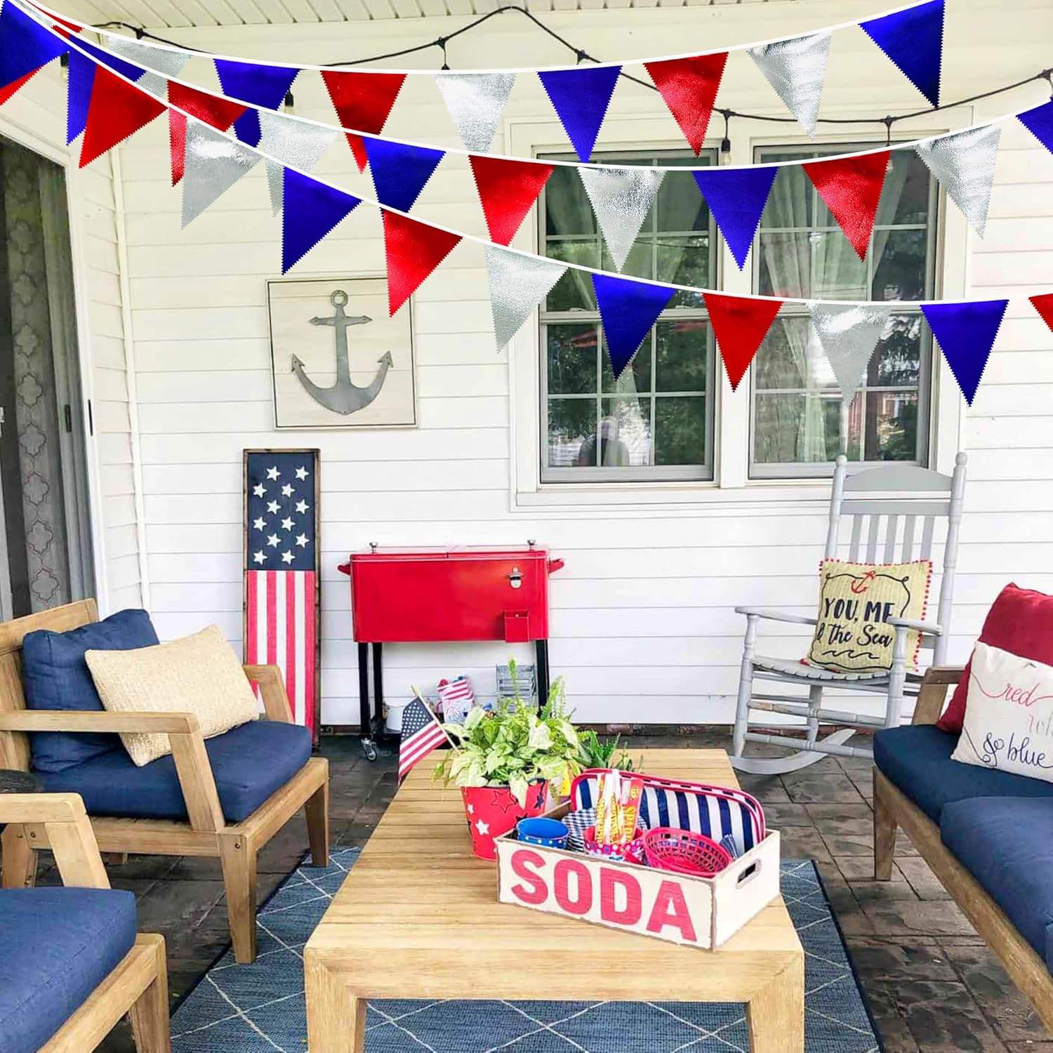 Red Blue Silver Party Decorations Metallic Fabric Triangle Pennant Banner Flag Bunting Garland for
