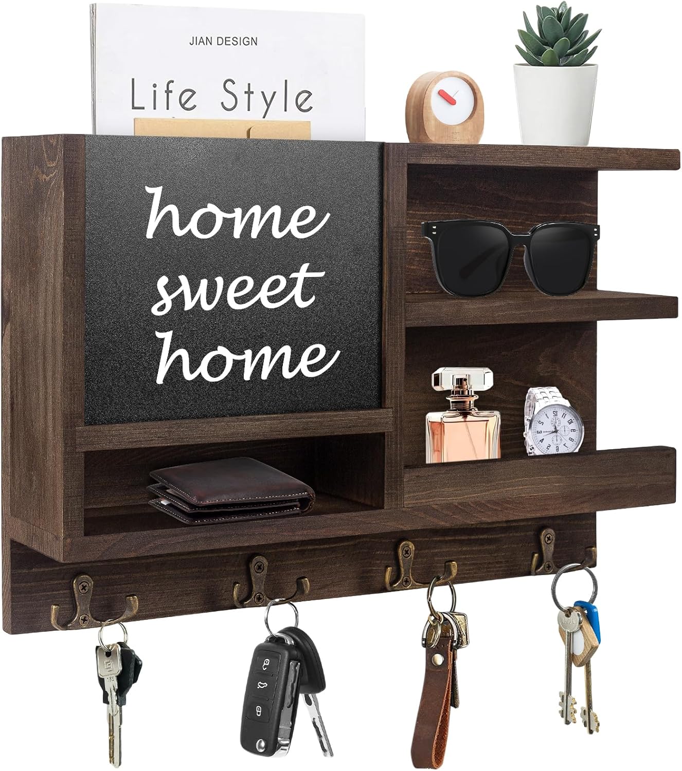 Key Holder for Wall, Mail Organizer Wall Mount with Key Hooks and Chalkboard & Mirror for