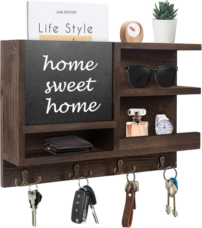 Key Holder for Wall, Mail Organizer Wall Mount with Key Hooks and Chalkboard & Mirror for