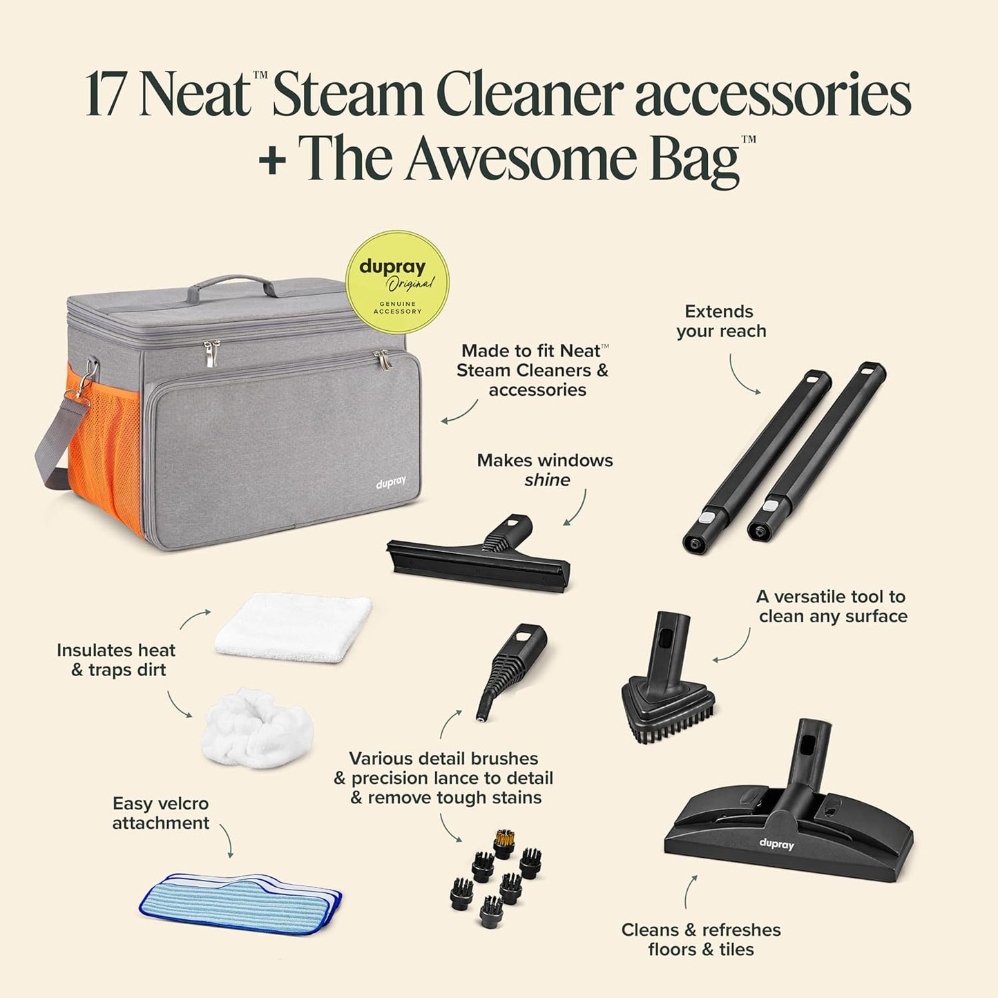 Dupray Neat Steam Cleaner with 18-Piece Kit – (Neat with the Awesome Bag) Powerful, chemical-free