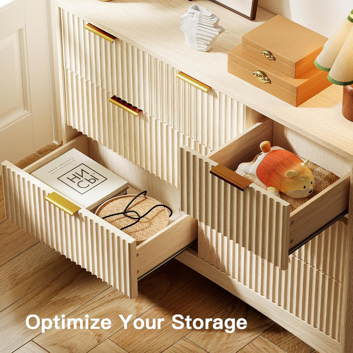 Pipishell Fluted 7 Drawers Dresser, Modern Wood Chest of Drawers, Dressers with Round Edge Design