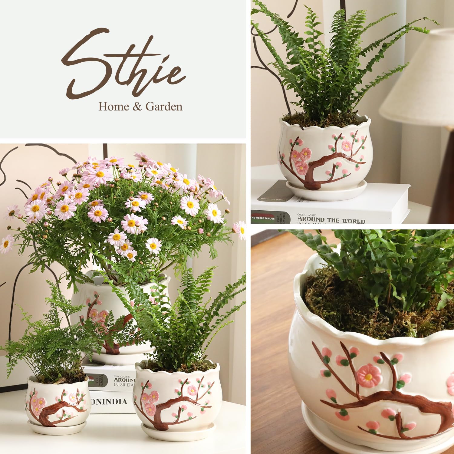 Ceramic Plant Pots with Drainage Holes and Saucers, Round Flower Pots for Indoor Plant, 3.9/5.2/6.7