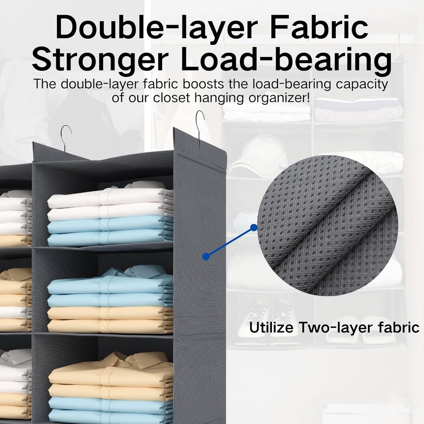 5 Tier Shelf Hanging Closet Organizer, Dual-Row 10 Pocket Cloth Hanging Shelf with 3 Sturdy Hooks