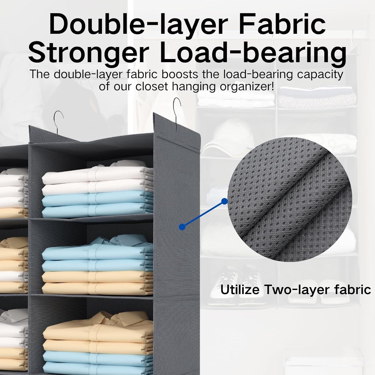 5 Tier Shelf Hanging Closet Organizer, Dual-Row 10 Pocket Cloth Hanging Shelf with 3 Sturdy Hooks