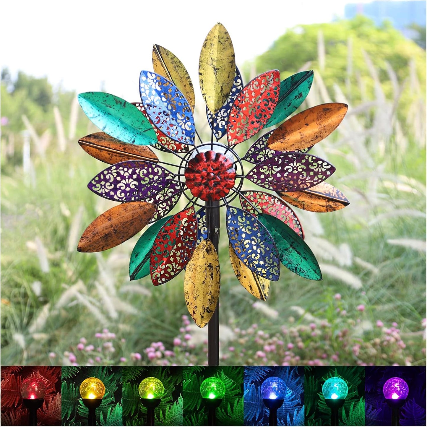 Solar Garden Wind Spinners with Light, Metal Yard Wind Spinners with Stake for Outdoor Lawn Decor