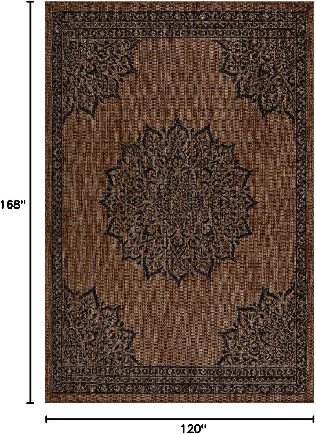 CAMILSON Outdoor Rug, 10x14 Medallion Nut Brown Black Modern Area Rugs for Large Indoor and Outdoor
