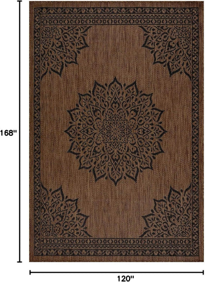 CAMILSON Outdoor Rug, 10x14 Medallion Nut Brown Black Modern Area Rugs for Large Indoor and Outdoor