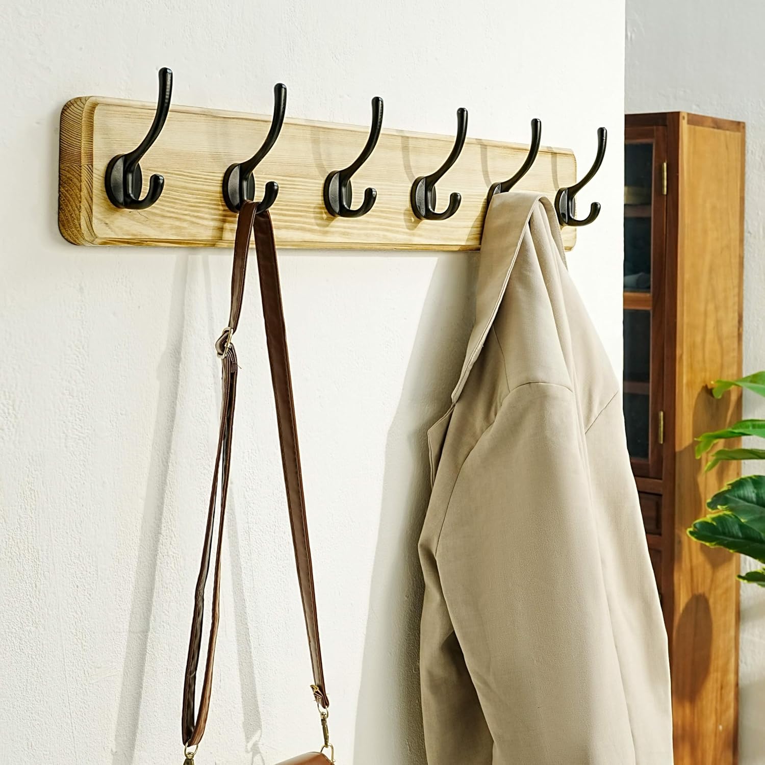 Dseap Coat Rack Wall: 24" Long, Patented, Heavy-Duty, 6-Double-Hooks Wooden Wall Mounted Coat Rack