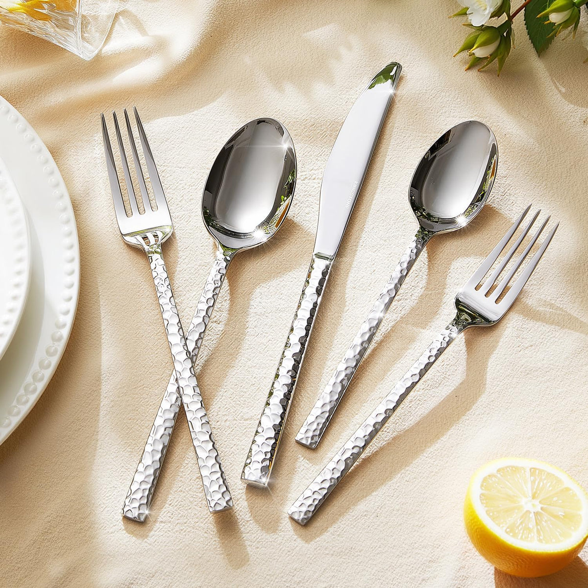 KINGSTONE 30 Piece Hammered Silverware Set, 18/10 Stainless Steel Flatware Set for 6, Cutlery Set