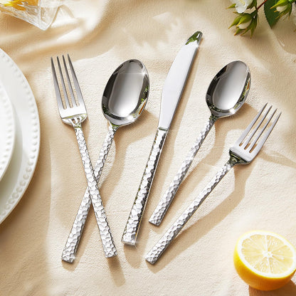 KINGSTONE 30 Piece Hammered Silverware Set, 18/10 Stainless Steel Flatware Set for 6, Cutlery Set