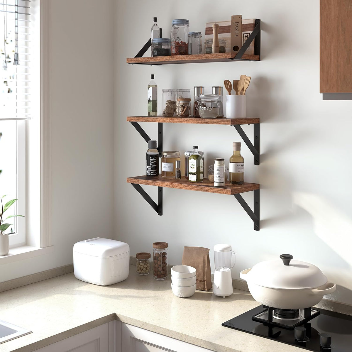 Heimlove Floating Shelves for Wall, 16 Inch Long Wood Floating Shelves Set of 3, Wall Mounted