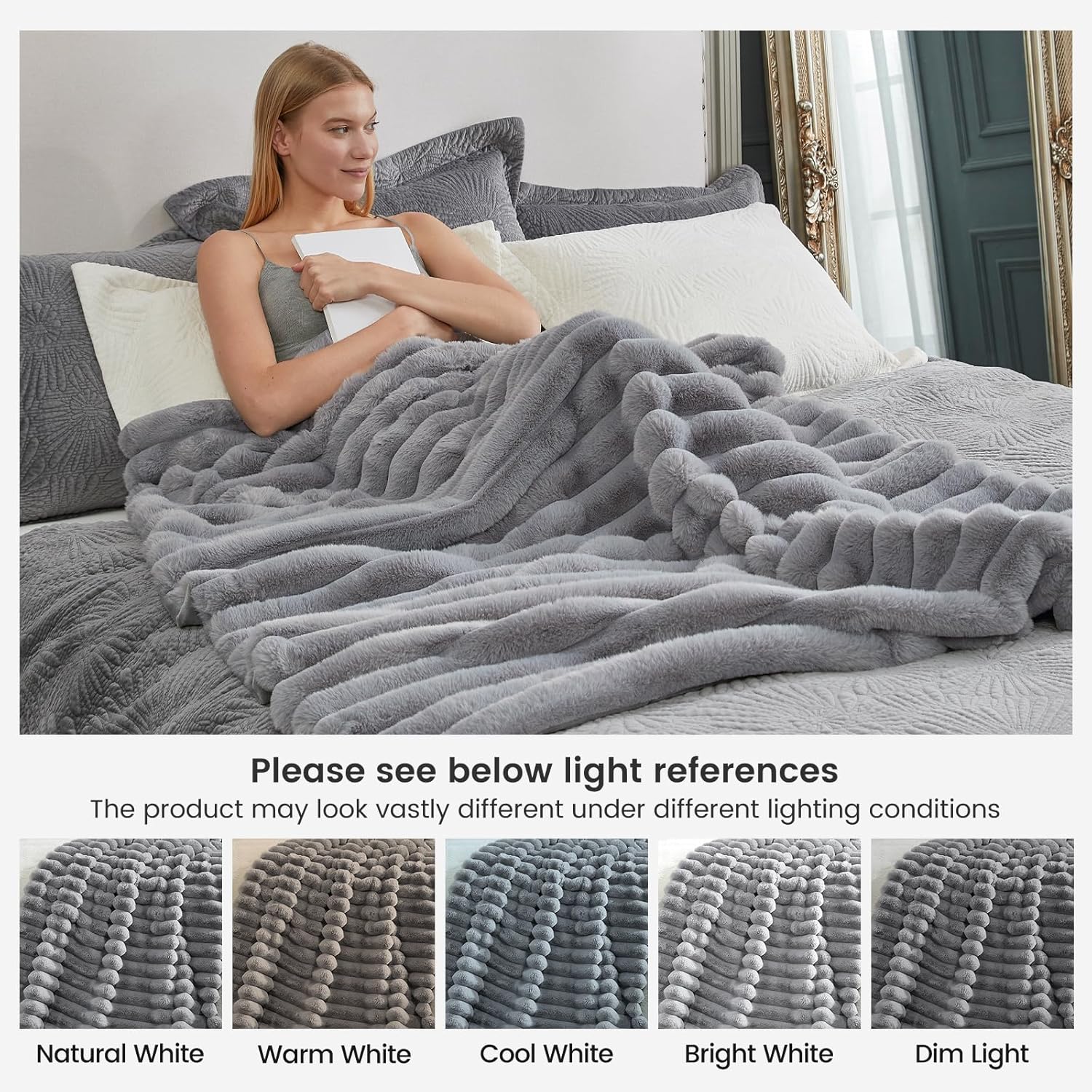 Cozy Bliss Faux Fur Throw Blanket for Couch, Cozy Warm Plush Striped Blanket for Sofa Bedroom