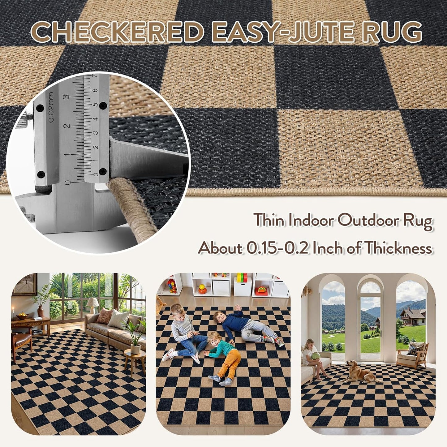 Lahome Checkered Easy Jute Rug, 9x12 Area Rug for Living Room Indoor Outdoor Carpet, Farmhouse