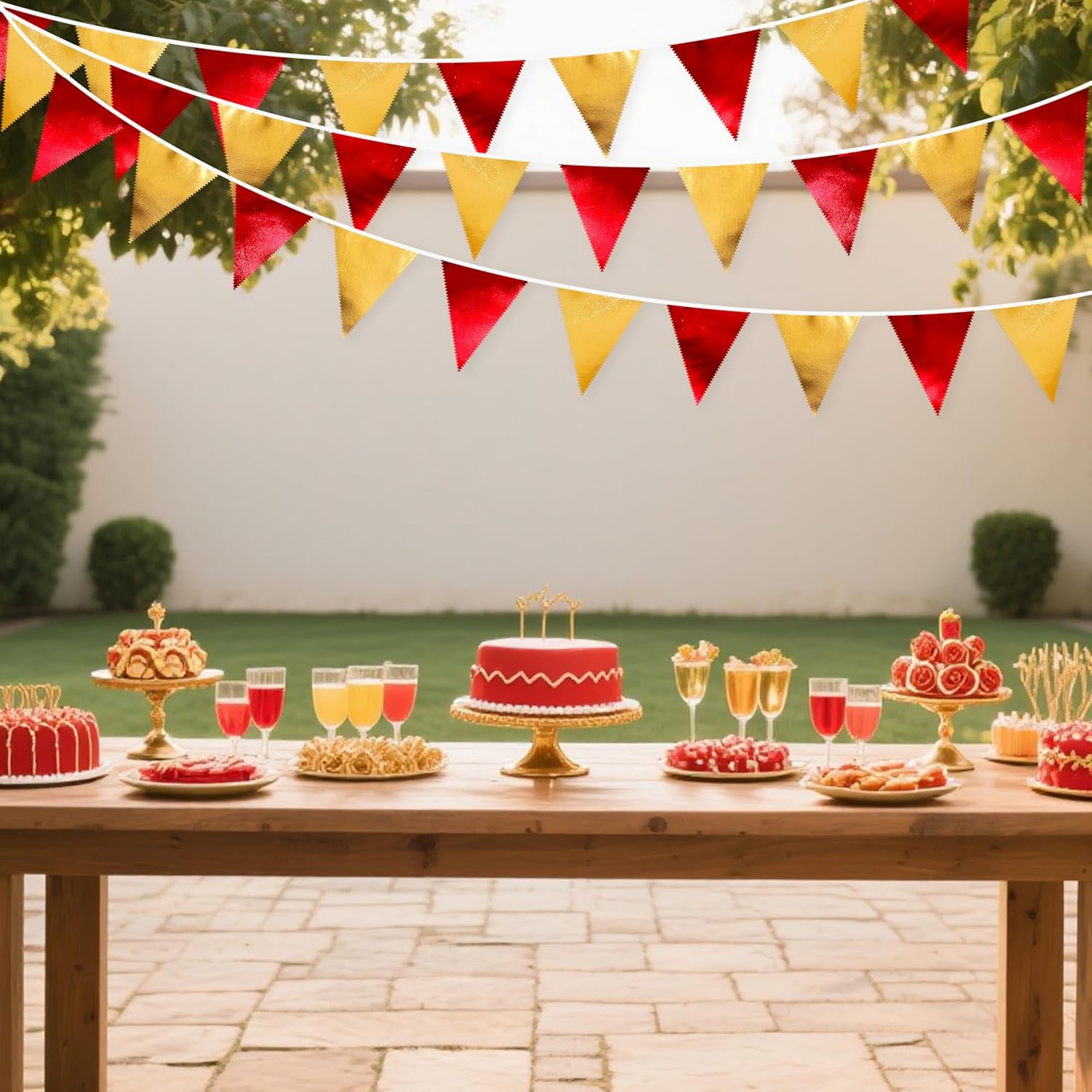Red Gold Party Decorations Metallic Fabric Triangle Pennant Banner Flag Bunting Garland for