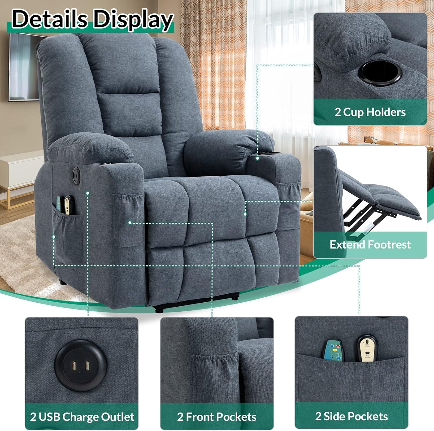 VIVIJASON Power Lift Chair Electric Recliner for Elderly Heated Vibration Massage Soft Fabric