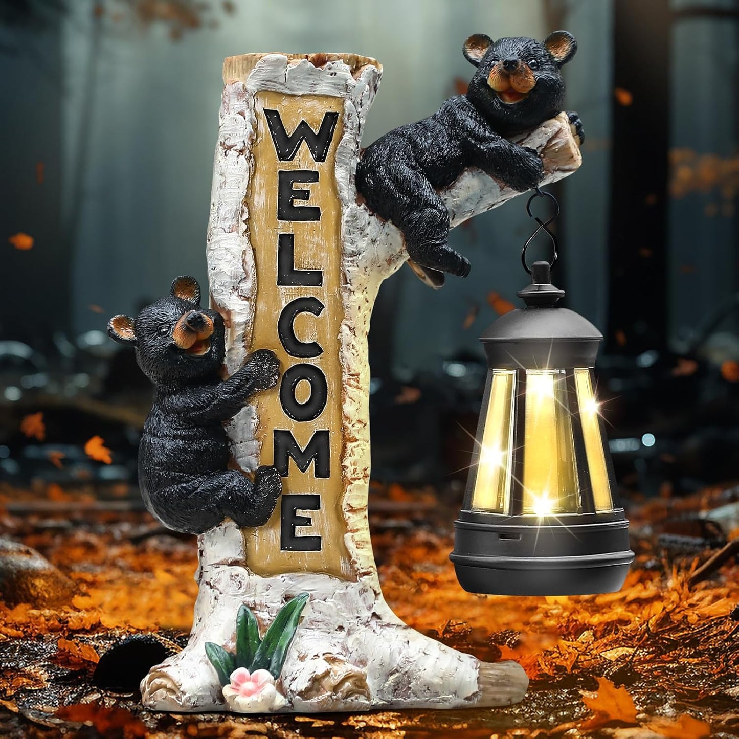 Json Garden Bear Statue with Solar LED Lantern, Gifts for Mom Yard Art, Whimsical Figurine Large