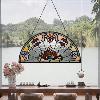 YOURANJU Half Moon Stained Glass Window Hanging Tiffany Style 16" x 8" Half-Round Window Panel