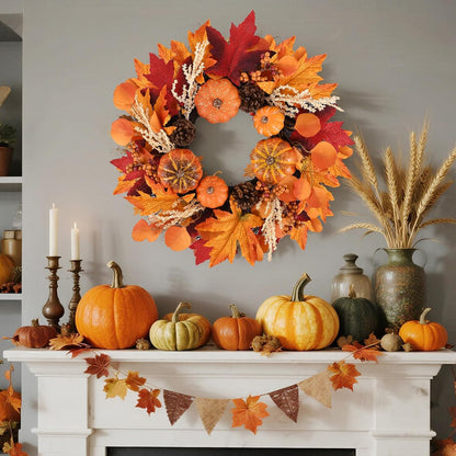 20 Inch Thanksgiving Fall Wreath, Berries Pumpkins Maple Leaves Pine Cones Autumn Wreaths with Hook