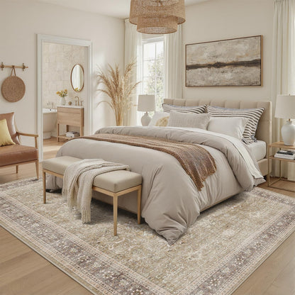 DCX Machine Washable Brown and Beige Area Rug 5x7, Non Slip Stain Resistant Vintage Rug for Living
