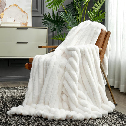 Cozy Bliss Faux Fur Throw Blanket for Couch, Cozy Warm Plush Striped Blanket for Sofa Bedroom