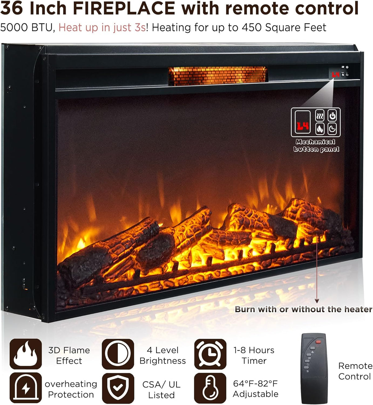 Fireplace TV Stand for 80 Inch TV, 35.7" Tall Farmhouse Entertainment Center W/36'' Electric