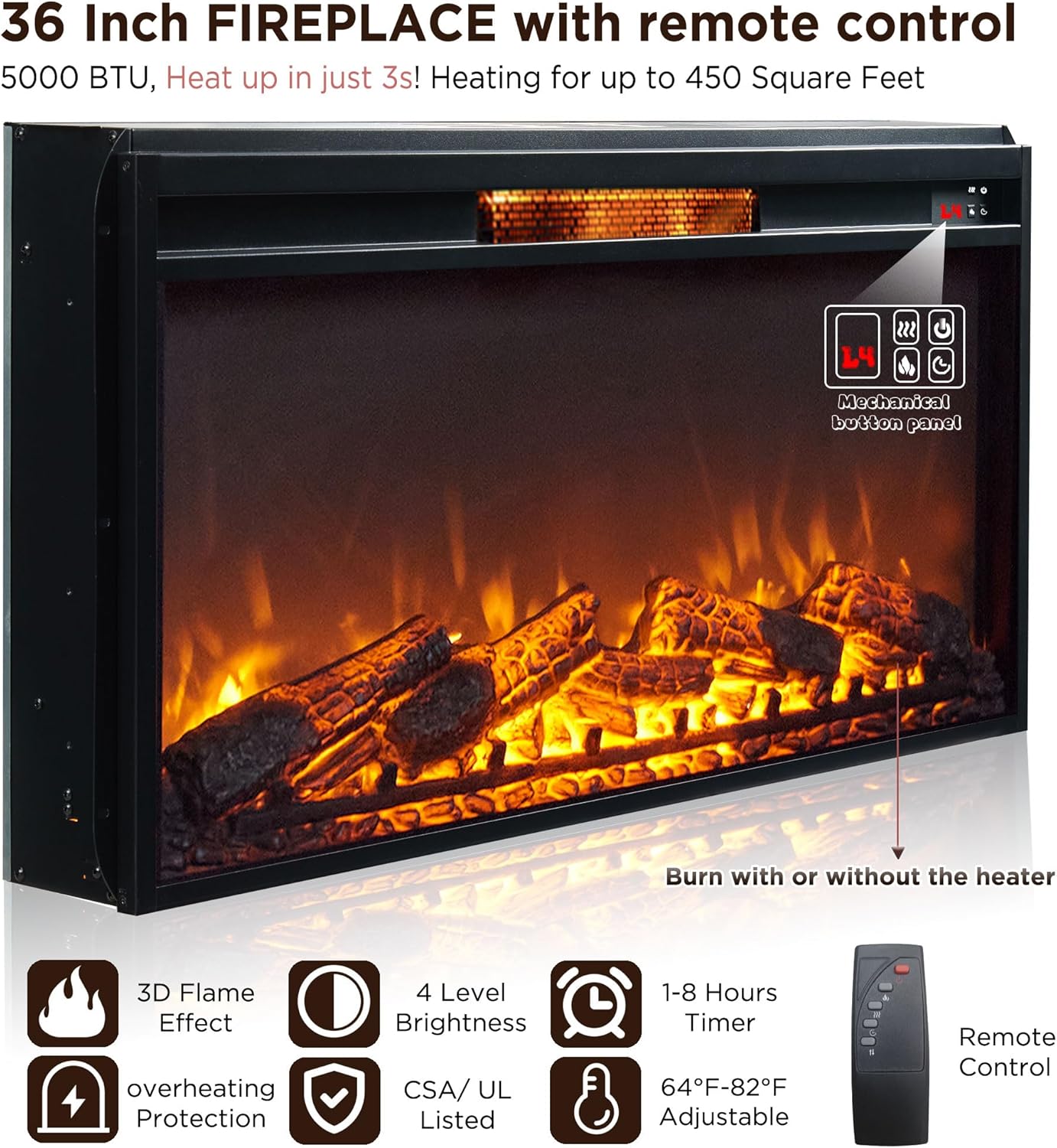 Fireplace TV Stand for 80 Inch TV, 35.7" Tall Farmhouse Entertainment Center W/36'' Electric