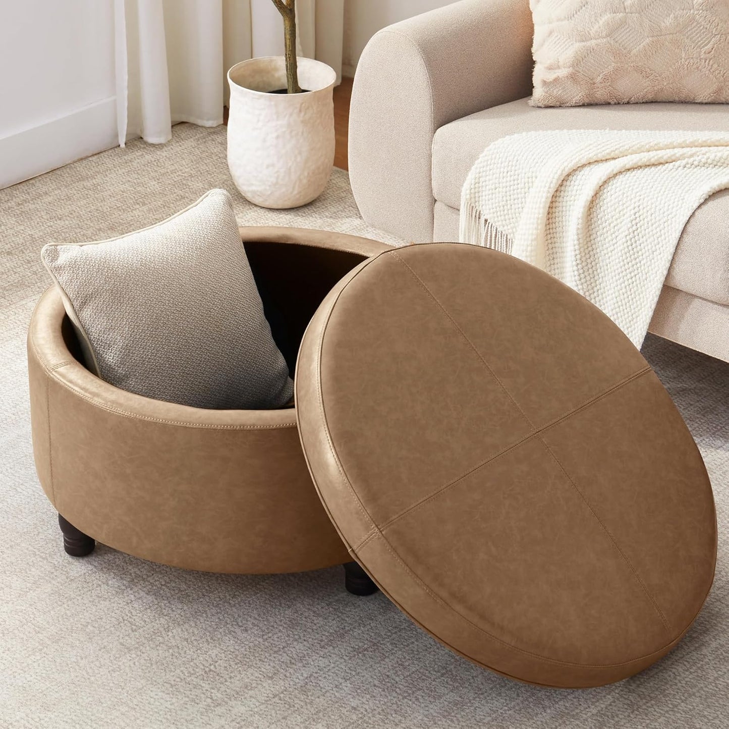 30-Inch Round Storage Ottoman, Modern Ottoman Coffee Table with Removable Top for Living Room