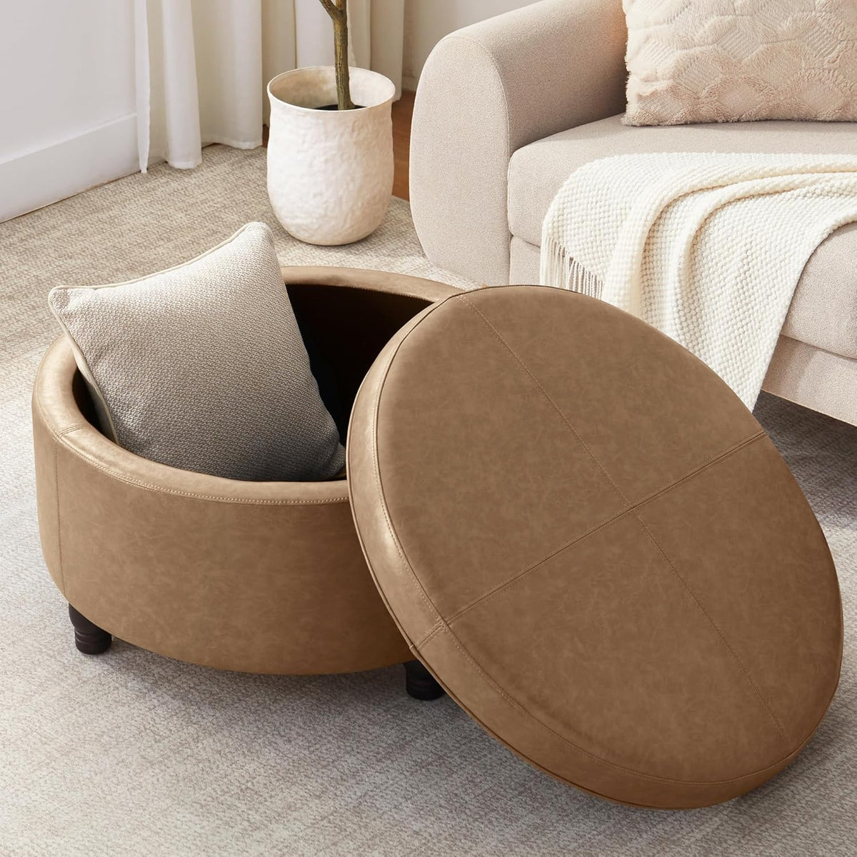 30-Inch Round Storage Ottoman, Modern Ottoman Coffee Table with Removable Top for Living Room