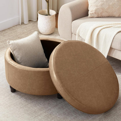 30-Inch Round Storage Ottoman, Modern Ottoman Coffee Table with Removable Top for Living Room