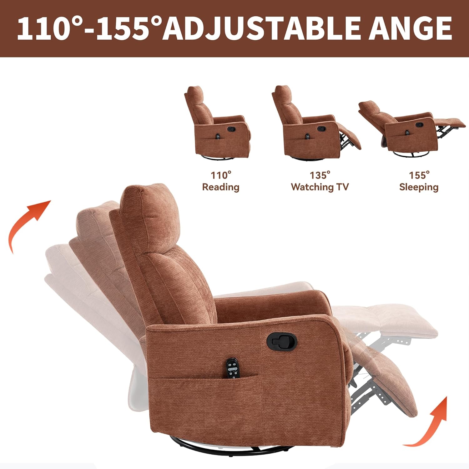 Manual Swivel Rocker Recliner Chair for Adults, Overstuffed Reclining Glider Chair for Nursing with