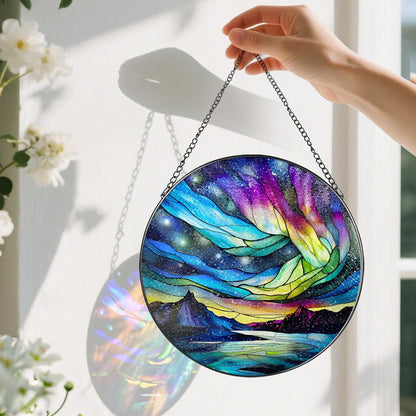 Stained Glass Window Hanging - 8 Inch Aurora Borealis Suncatcher for Window Doors Home Decoration