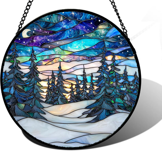 Stained Glass Window Hanging, Starry Sky Trees and Snow Sun Catchers Glass Panel Blue Suncatcher
