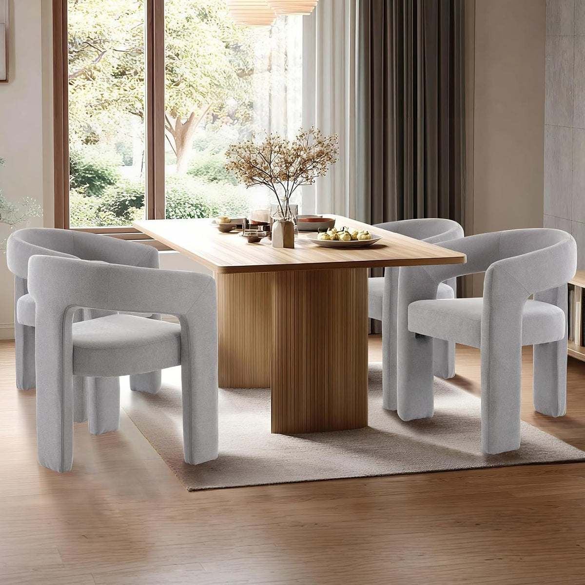 Grey Chenille Dining Chairs Set of 4, Modern Barrel Dining Room Chairs Upholstered Faux Fur Accent